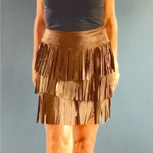 Chocolate brown Boho Fringe Skirt Suede Leather